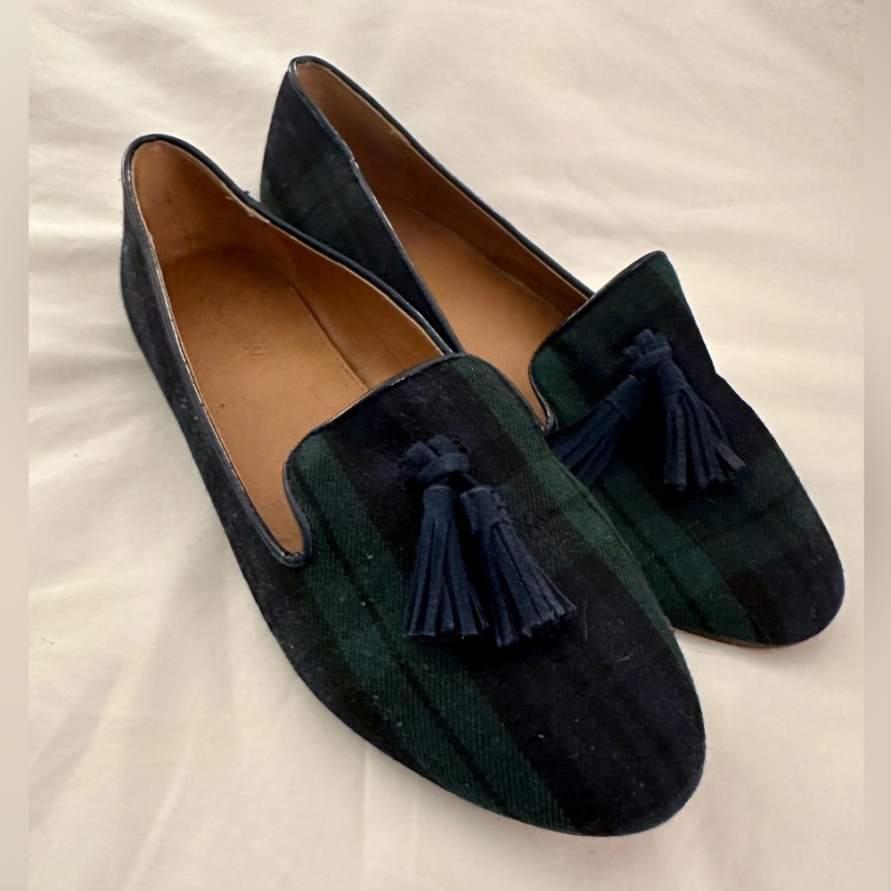 J.Crew Factory Black Watch Plaid tassel loafers | 7.5